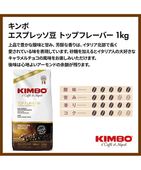 キンボ（KIMBO） エスプレッソ豆・トップフレーバー　イタリア（アラビカ１００％）