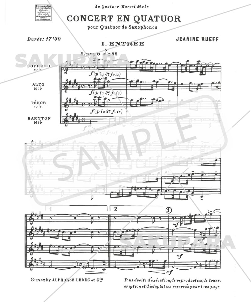 AL23095】リュエフ：四重奏のためのコンセール（サクソフォン四重奏