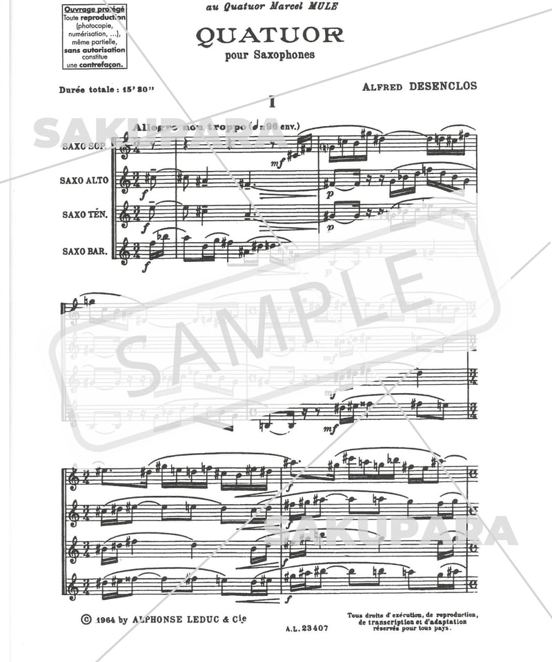 AL23407】デザンクロ：サクソフォン四重奏曲 （サクソフォン四重奏SATB