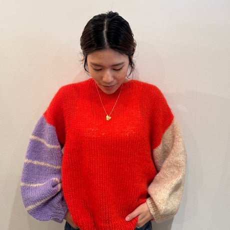 Mohair Knit Sweater/red×purple×beige