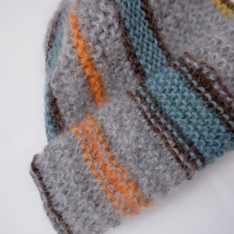 Mohair Knit帽 stripe /grey×light blue orange yellow