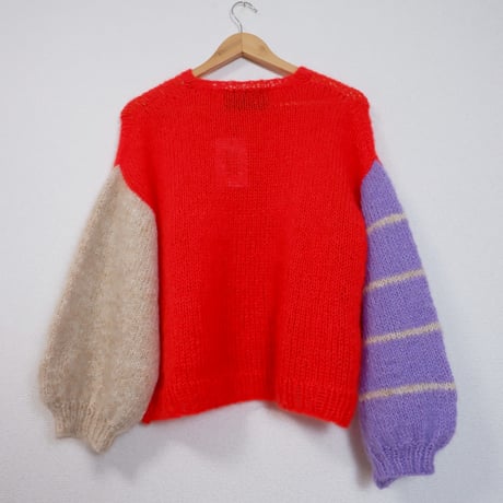 Mohair Knit Sweater/red×purple×beige