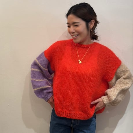 Mohair Knit Sweater/red×purple×beige