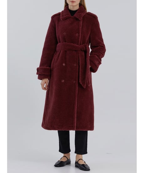Eco Fur Boa Long Coat / Burgundy S