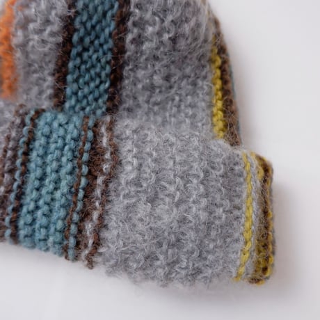 Mohair Knit帽 stripe /grey×light blue orange yellow