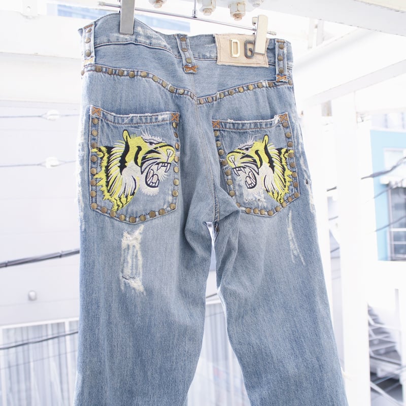 DOLCE&GABBANA タイガーエンブロイダリーダメージデニムパンツ 