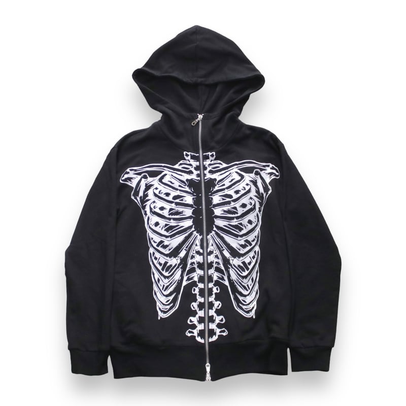 【希少】PPFM スケルトン 骸骨 プリント パーカー ジャケット 黒 グランジ GLAD NEWS 羽付きスケルトンスカルデザインジップアップパーカー