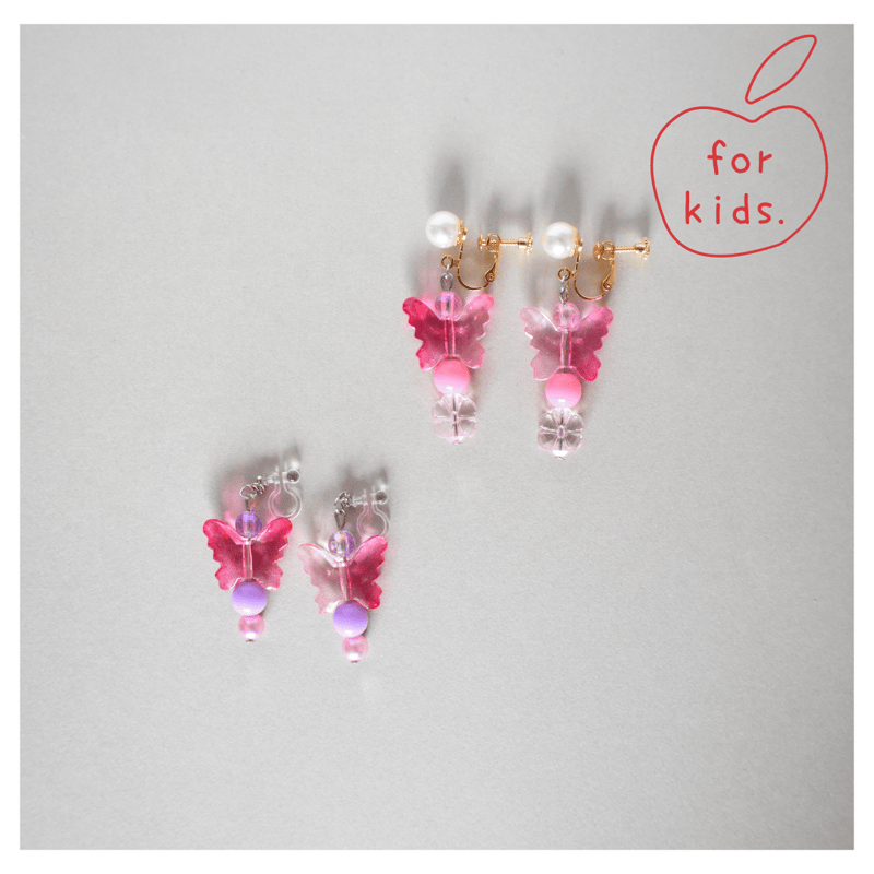 子供 ビーズ アクセサリー イヤリング★ピンクリボン 子供 ビーズ アクセサリー イヤリング☆ピンクリボン