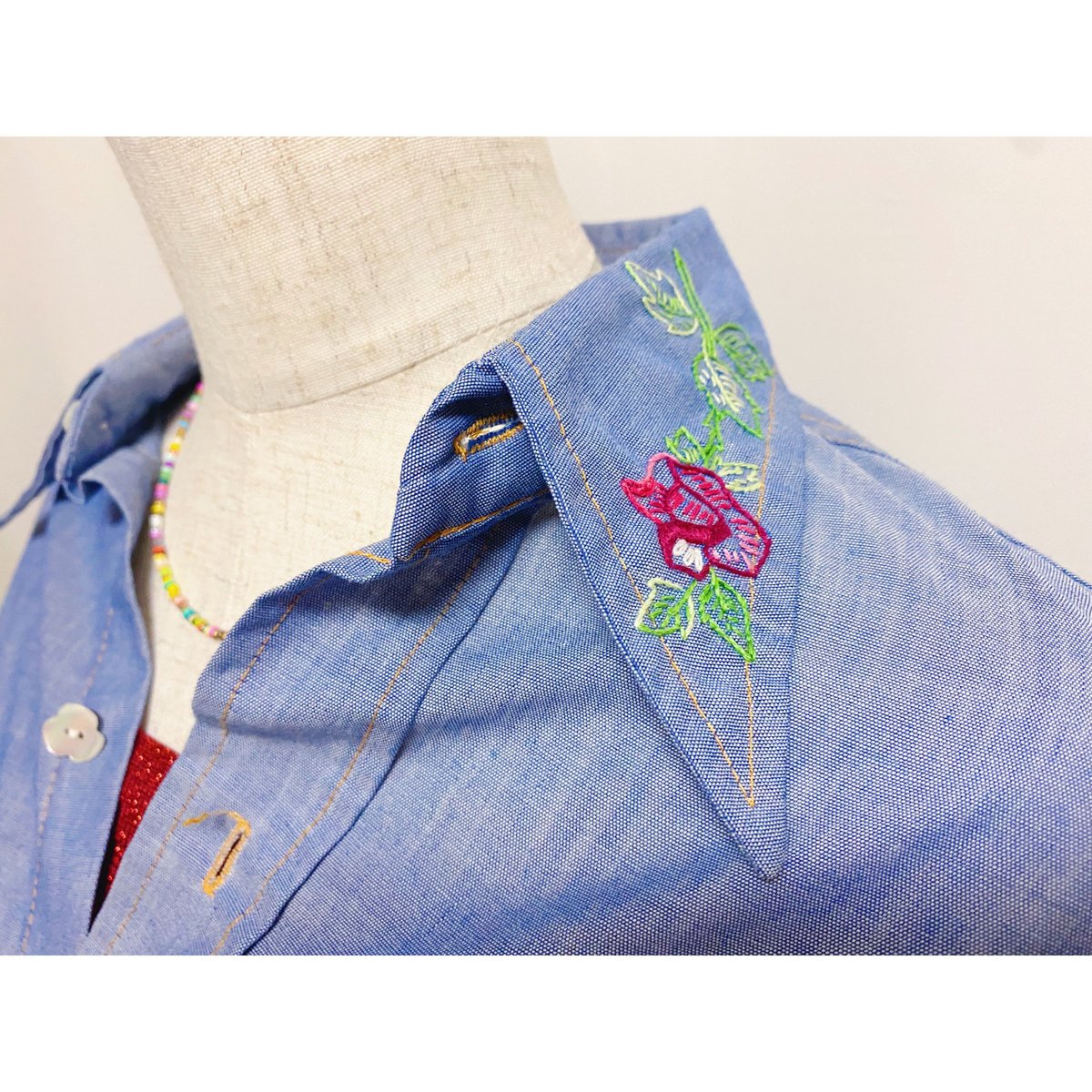 2200520 Vintage USA刺繍入ダンガリーコットンシャツ BLU | ERA vi