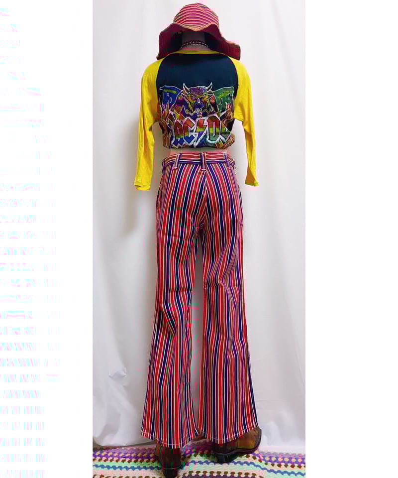 2200237 Vintage 70s USA ストライプ柄ベルボトム M RED×NAV |