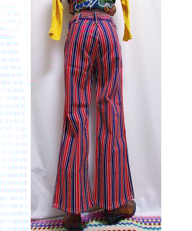 2200237 Vintage 70s USA ストライプ柄ベルボトム M RED×NAV |
