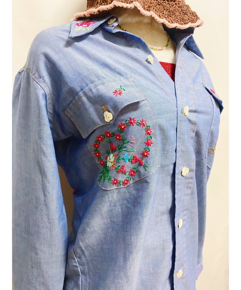 kapital 刺繍デザイン　ダンガリーシャツ 2200520 Vintage USA刺繍入ダンガリーコットンシャツ BLU | ERA
