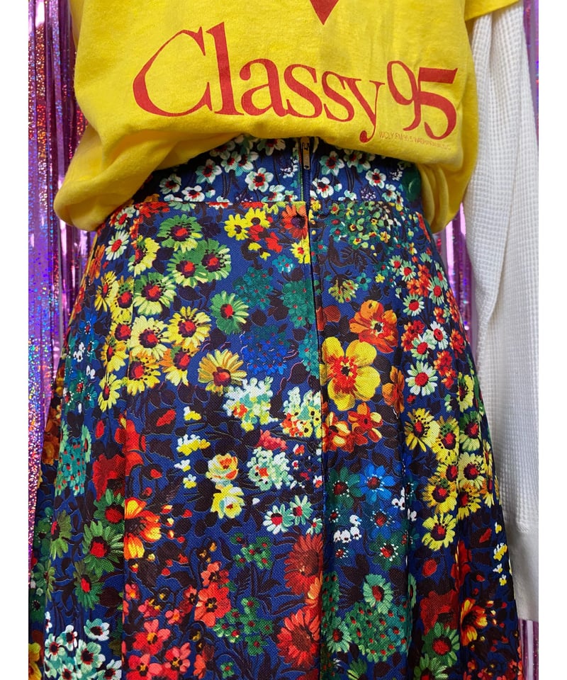 80‘s vintage フロッキーブルーローズ　フレアシルクスカート