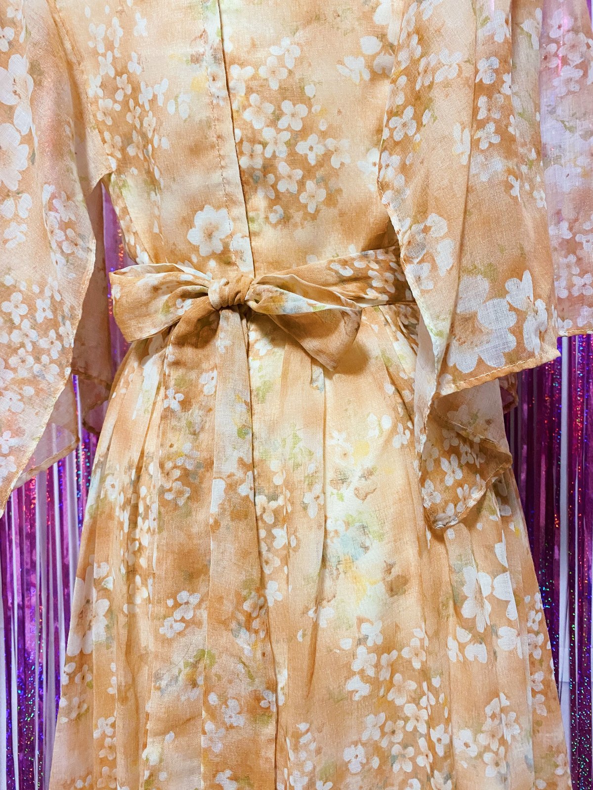 2305403 Vintage 70s USA ショートフレアスリーブマキシフラワードレス