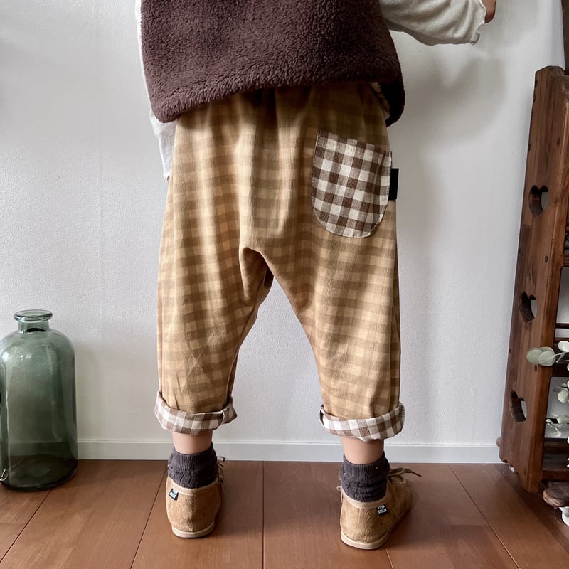 ギンガムチェックコーデュロイ』コットン100%サルエルパンツ 親子