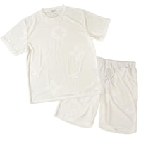 モチーフ柄 型押し パイル セットアップ Tシャツ＆ショーツ/白(全3色)