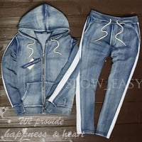 W■サイドライン１本 カットデニム  セットアップ/Blue(2color)