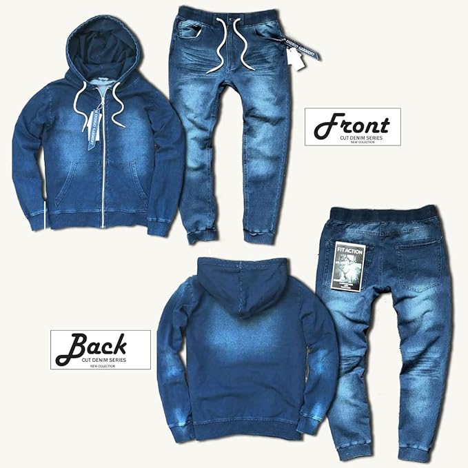 超伸縮■カットデニム セットアップ 青/M パーカー ＋ ジョガーデニム カットデニムセットアップ メンズ フルジップパーカー ジョガー