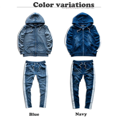 S■１本ライン デニムセットアップ サイドライン 上下セット ルームウェア/Blue(2color)