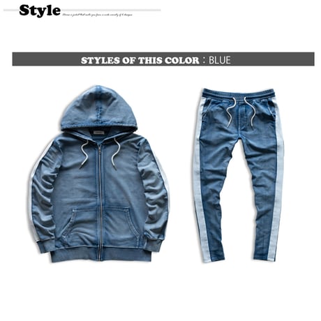 S■１本ライン デニムセットアップ サイドライン 上下セット ルームウェア/Blue(2color)