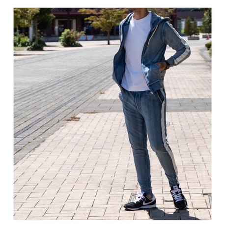 S■１本ライン デニムセットアップ サイドライン 上下セット ルームウェア/Blue(2color)