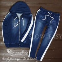 W■サイドライン１本 カットデニム  セットアップ/Navy(2color)