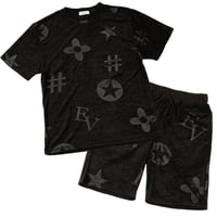 モチーフ柄 型押し パイル セットアップ Tシャツ＆ショーツ/黒(全3色)
