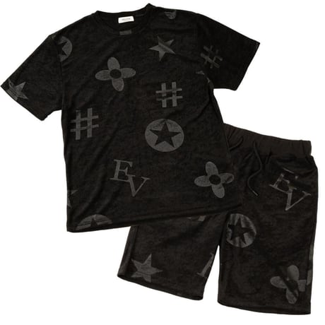 モチーフ柄 型押し パイル セットアップ Tシャツ＆ショーツ/黒(全3色)