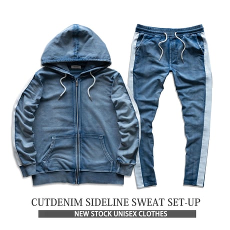 S■１本ライン デニムセットアップ サイドライン 上下セット ルームウェア/Blue(2color)