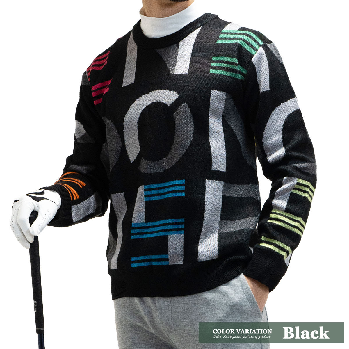BIG ロゴ 総柄 ゴルフ ニット メンズ セーター Black(2color) | deni...