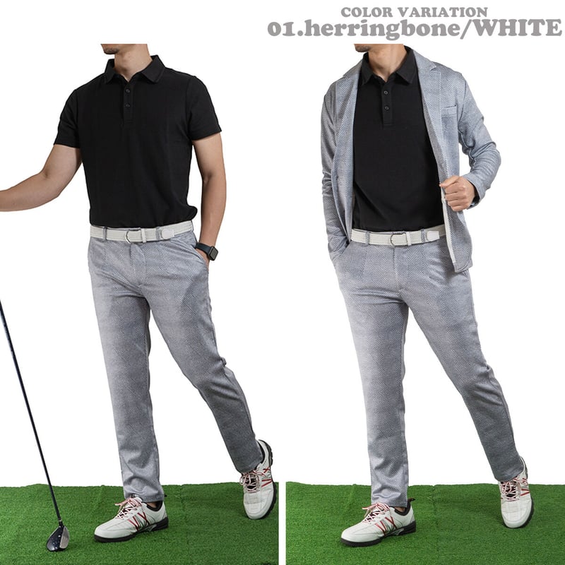 【アディダスゴルフ】人気ヘリボーン柄総柄×サイドライン ストレッチゴルフパンツL adidas アディダス ゴルフウェア ショートパンツ 春 夏 GO-TO