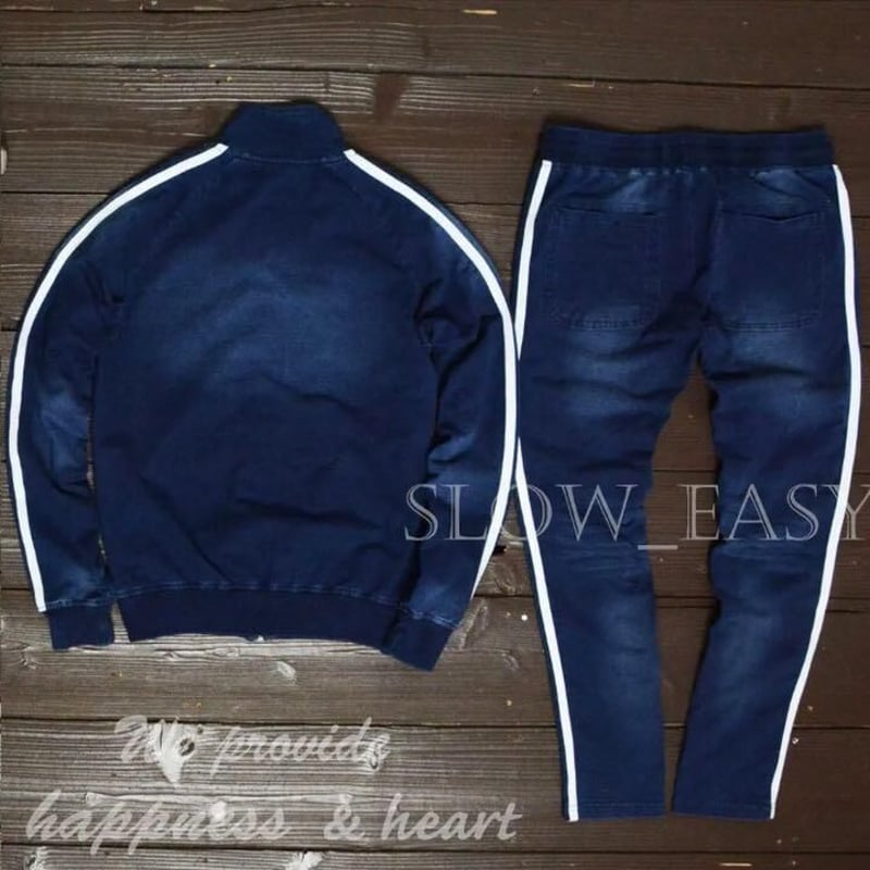 W□サイドライン カットデニム トラックジャケット セットアップ/Navy