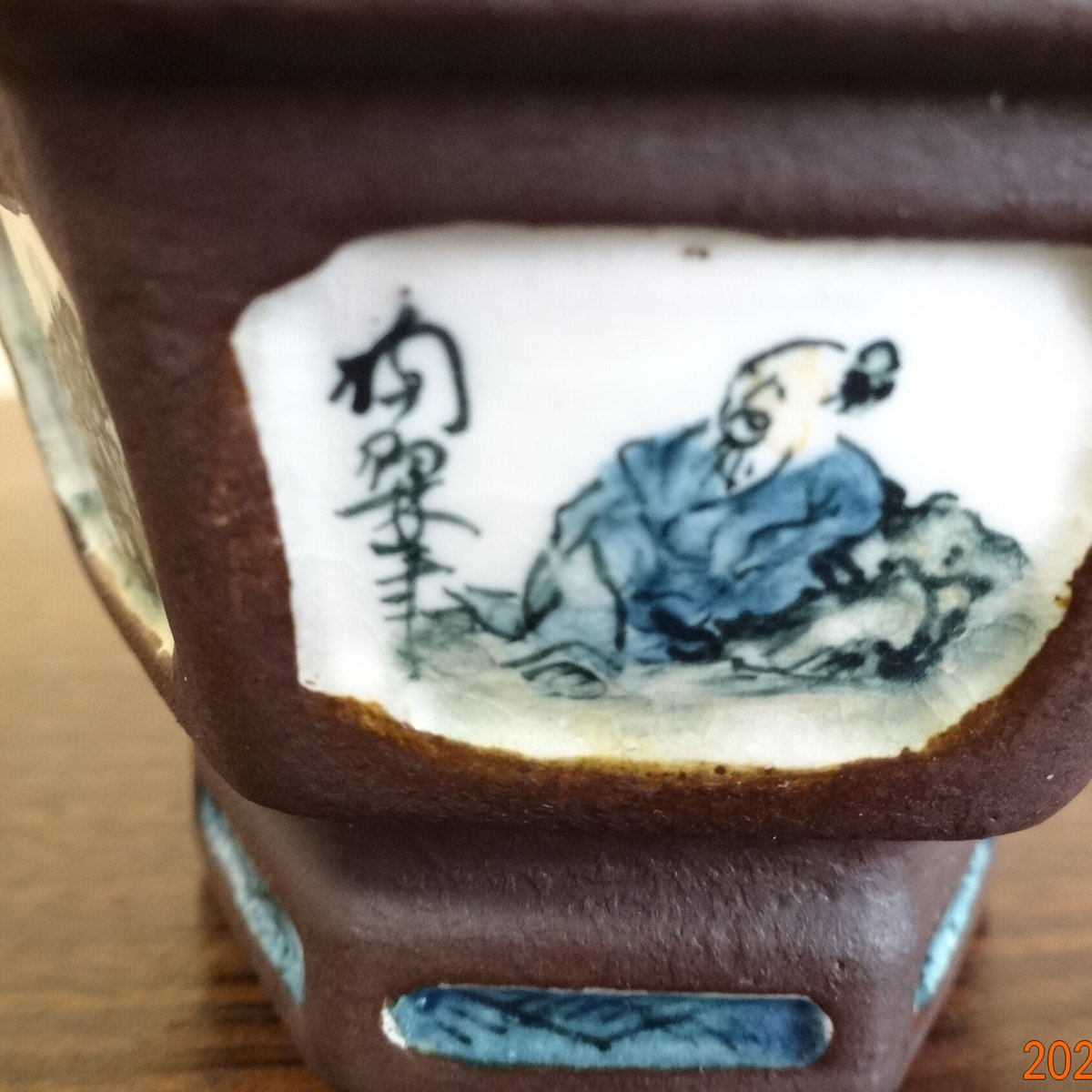 白木盆栽園　陶翠絵鉢　山水人物図　高さ4.6センチ六角鉢　盆栽鉢和鉢朱泥中国鉢 白木盆栽園陶翠絵鉢山水人物図高さ4.6センチ六角鉢盆栽鉢和鉢朱
