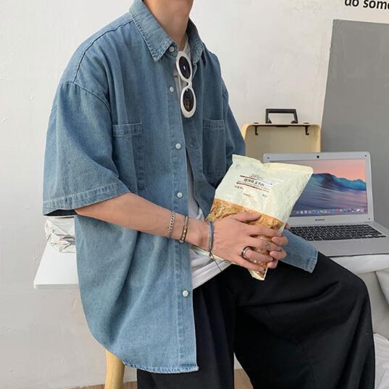 メンズ 夏ファッション シャツ デニム 半袖 カジュアル レトロ | FRY