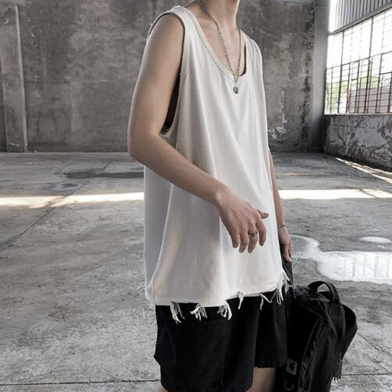 メンズ トップス タンクトップ ベスト ロースリーブ ダメージ加工