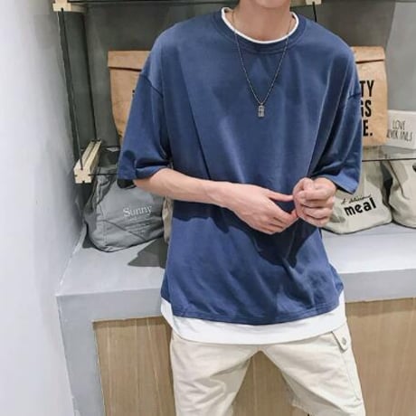 メンズ トップス Tシャツ 半袖 ブラウス クルーネック夏 レイヤード
