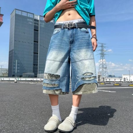 ズボン ショーツ アメリカン風 ワイドパンツ  デニム ダメージ加工 レイヤード7