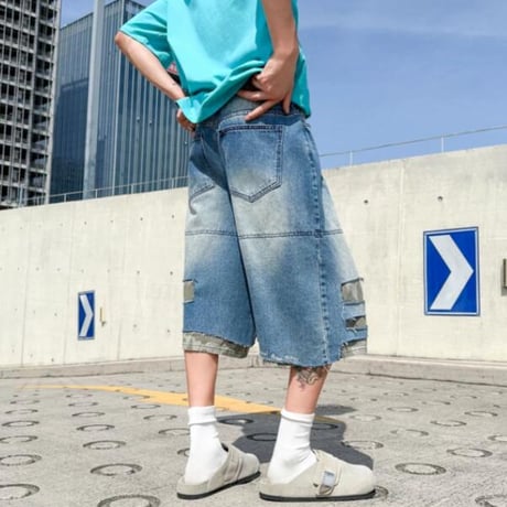 ズボン ショーツ アメリカン風 ワイドパンツ  デニム ダメージ加工 レイヤード7