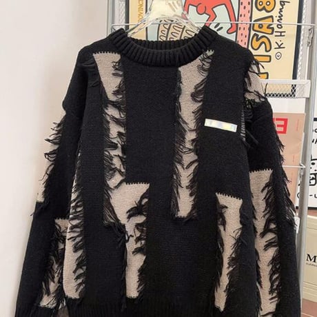 秋冬トップス メンズ ニット セーター ダメージ加工 ファブリック31