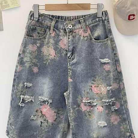 ハーフパンツ デニム アメリカン風 ワイドパンツ ジーンズ ダメージ加工 ショーツ1