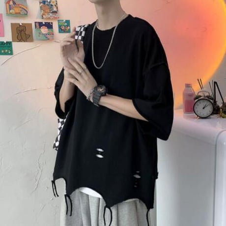 トップス メンズ Tシャツ ブラウス 半袖 暗黒系 ダメージ加工