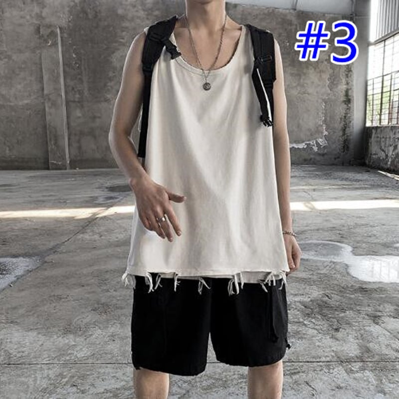 メンズ トップス タンクトップ ベスト ロースリーブ ダメージ加工