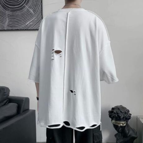 トップス メンズ Tシャツ ブラウス 半袖 暗黒系 ダメージ加工