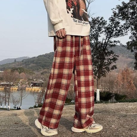 秋冬ボトムス ズボン パンツ   ワイドパンツ  チェック柄 裏起毛 防寒　23