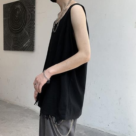 メンズ トップス タンクトップ ベスト ロースリーブ ダメージ加工 レトロ