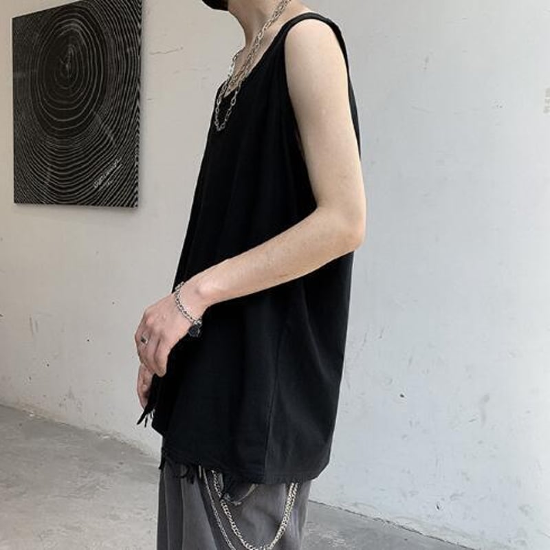 メンズ トップス タンクトップ ベスト ロースリーブ ダメージ加工