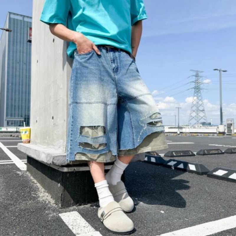 ズボン ショーツ アメリカン風 ワイドパンツ デニム ダメージ加工