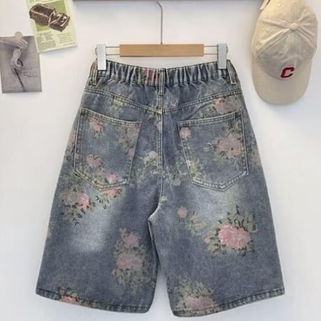 ハーフパンツ デニム アメリカン風 ワイドパンツ ジーンズ ダメージ加工 ショーツ1