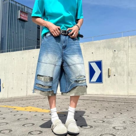 ズボン ショーツ アメリカン風 ワイドパンツ  デニム ダメージ加工 レイヤード7