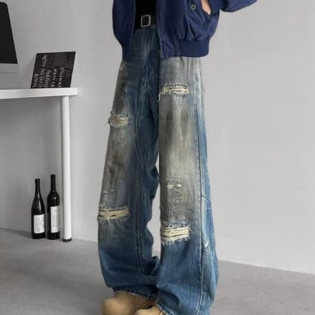 ボトムス メンズ ズボン パンツ デニム ジーンズ ワイドパンツ ダメージ加工 #14